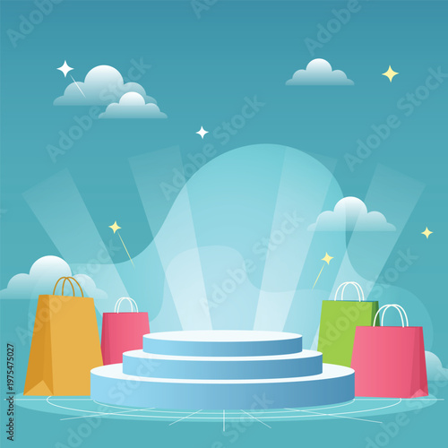 Shopping podium with colorful bags and spotlight