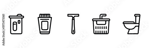 Bathroom accessories vector icon set with razor toilet basket and personal hygiene products