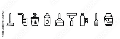 Collection of cleaning tools and supplies icons for home maintenance and hygiene