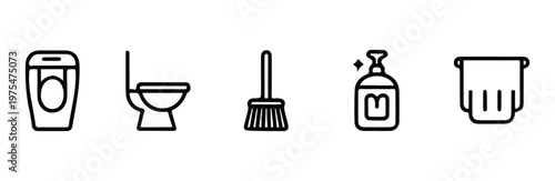 Sanitary and cleaning supplies line icon set featuring toilet broom liquid soap and towels