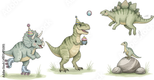Dinosaur illustrations featuring three stegosauruses in various poses and environments