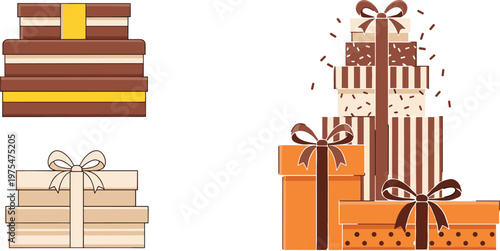 Gift Box Illustration Set with Stacked Present Packages and Decorative Ribbon Designs for Birthday Celebration Holiday Packaging Collection