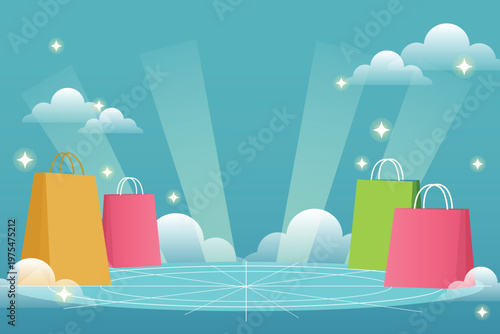 Online Shopping Concept with Colorful Bags and Clouds