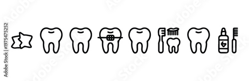 Orthodontic dental care line icons set with toothbrush and braces for hygiene products art