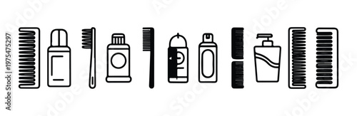 Personal hygiene and dental care items vector set. shampoo, toothpaste, toothbrush, comb, soap