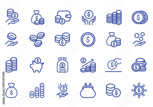 Coins icon set. Contain icons related to Coins, money, and more. Editable stroke. Vector Illustration