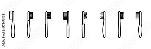 Toothbrush head variations set showing different bristle shapes and handle designs in profile