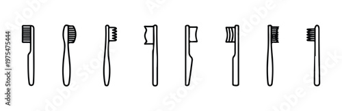 Collection of manual toothbrush icons with diverse bristle arrangements for dental cleaning
