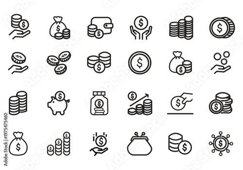 Coins icon set. Contain icons related to Coins, money, and more. Editable stroke. Vector Illustration