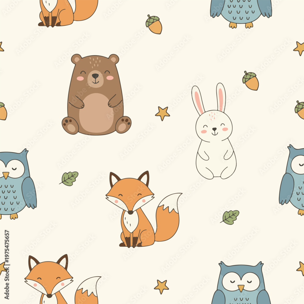 Obraz premium Woodland Animal Mix Seamless Pattern with Bear, Fox, Rabbit and Owl for Kids Nursery