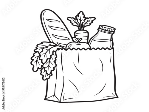 Sketch of a paper bag filled with groceries bread greens and a bottle