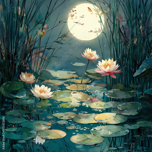 Moonlit Water Lilies Pond at Night Watercolor Art