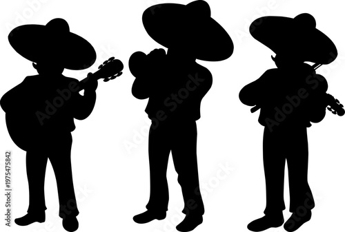 Mexican musicians in traditional Charro outfits wearing sombreros. The band includes a guitarist, a trumpeter, and a violinist.for cultural events, Mexican themed designs, Cinco de Mayo celebrations.