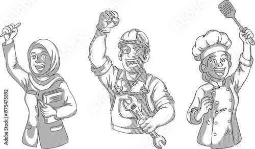 Set of diverse professional characters in vintage etching style.male technician,female teacher,and female chef.suitable for labor day or diverse worker,etc.