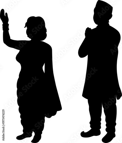 solid black silhouette of an Indian or Pakistani couple. The woman is wearing a traditional saree with a waving hand gesture, and the man is in a sherwani and topi kufi cap with a greeting pose.