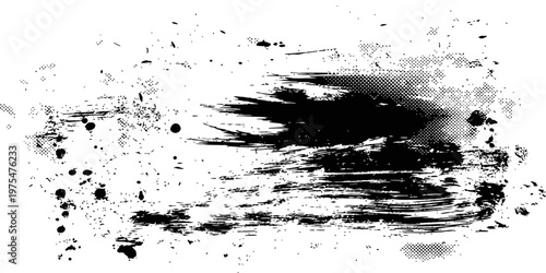 Black grunge brush stroke with paint splatter and halftone dots overlay distressed vector element