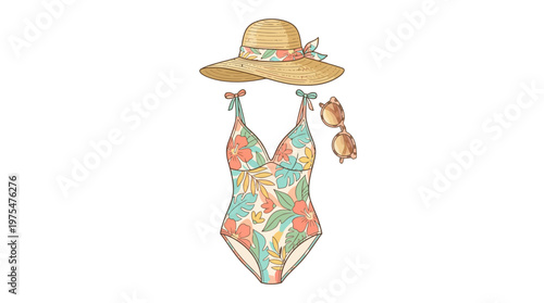 Swimwear with floral pattern and hat.
