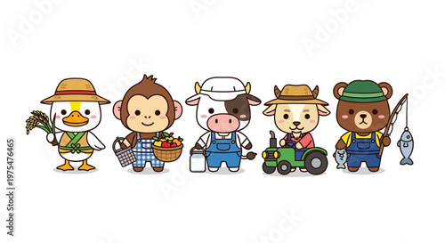 Farm animals and workers.