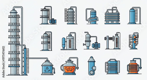 Chemical Processing Equipment - A Collection of Industrial Distillation Towers and Reactors.