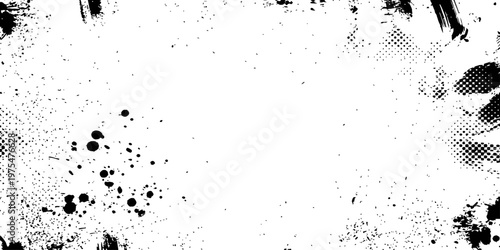 Distressed Black Grunge Border Frame Vector Halftone Overlay Texture with Paint Splatters and Brush Strokes