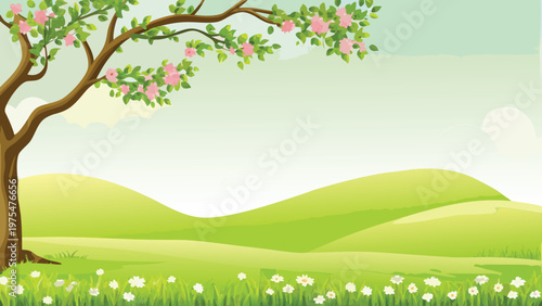 A blossoming tree overlooks a peaceful green hillside landscape