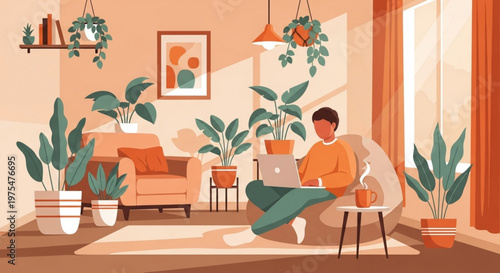 Man relaxing at home with laptop surrounded by plants in living room with modern interior design