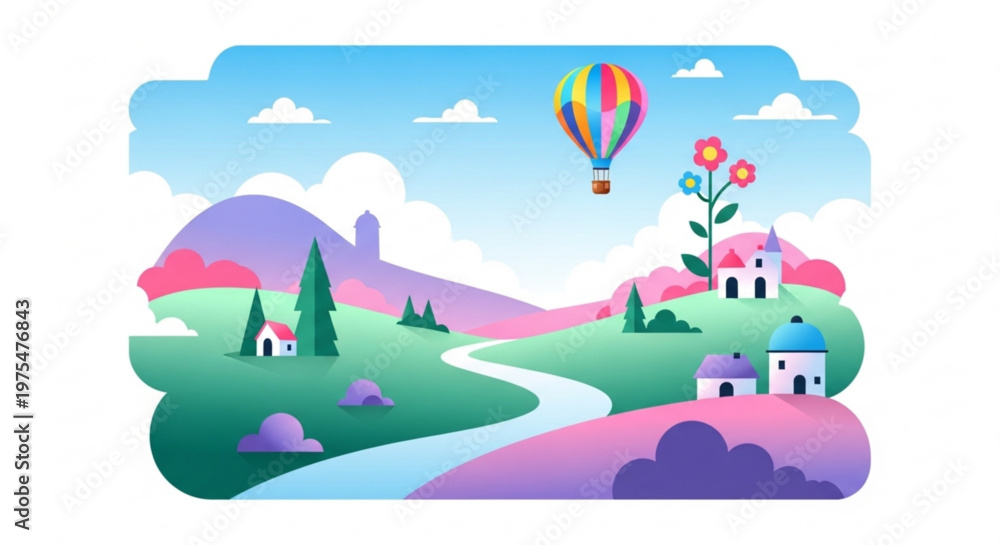 Obraz premium Colorful cartoon landscape with hot air balloon flying over houses river and mountains under blue sky with clouds