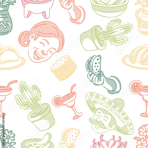 Seamless pattern of Mexican Cinco de Mayo celebration elements hand-drawn sketch style.mariachi man,woman characters, tacos, cacti, margaritas, tortillas, guacamole mortar,pestle, jalapeno peppers.