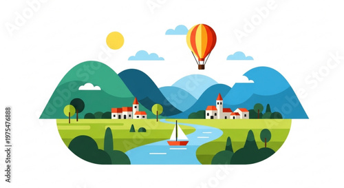 Serene village landscape with hot air balloon sailboat on river and mountains under sunny sky