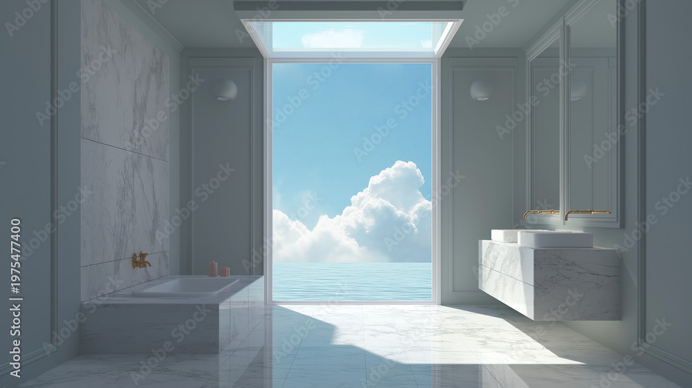 Fototapeta premium A luxurious modern bathroom with marble finishes opens to a stunning ocean and sky view