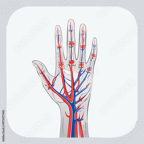 Medical illustration of a human hand showing vascular system anatomy