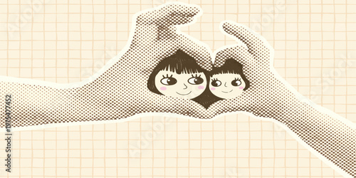 Hand drawn vintage sketch of a child in a white dress with a cat and dog in a school notebook heart frame art element