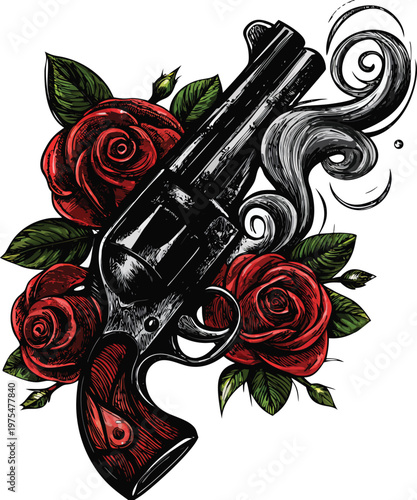 Фотография A vintage revolver entwined with vibrant red roses and foliage