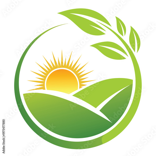 Stylized sun rising over green landscape within a circular frame