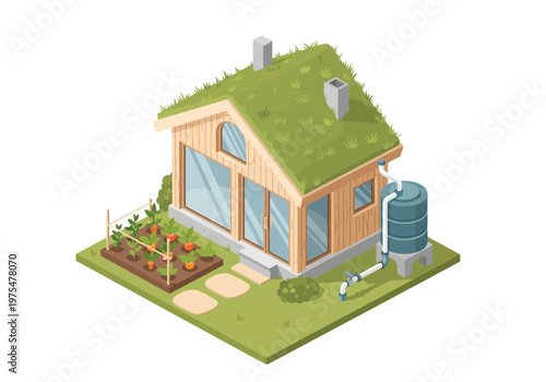 Eco-friendly house with a green roof, rainwater harvesting, and a vegetable garden