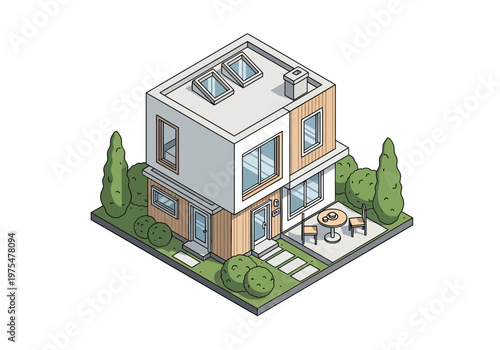 Modern Isometric House with Garden and Patio for Residential Living