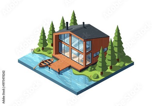 Isometric modern wooden house with a pier and a small boat on a lake surrounded by trees