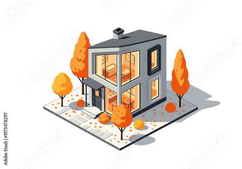 Modern isometric house with autumn trees and outdoor lighting, vector illustration