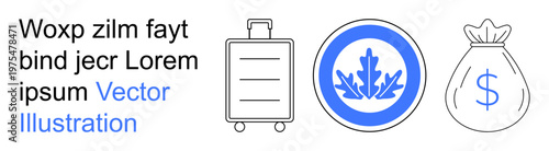 Travel, finance, budgeting, currency exchange, savings, tourism. Minimalist icons luggage, a leaf emblem coin and a money bag with a dollar sign. Travel and finance concept