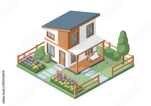 Modern house with a garden, patio, and fence, showcasing contemporary architecture and landscaping