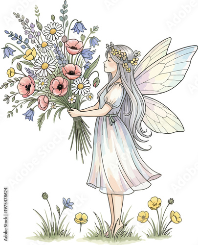 Whimsical illustration of a delicate fairy standing beside a tall tree with colorful flowers and lush green foliage outdoors