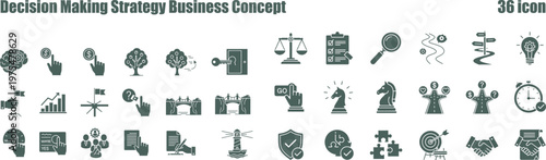 Extensive collection of dark green silhouette icons representing decision making, business strategy, and financial planning concepts