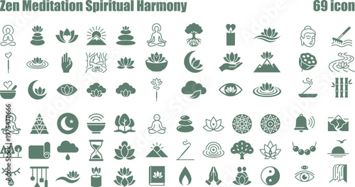 Extensive collection of flat meditation and spiritual harmony icons illustrating wellness and inner peace