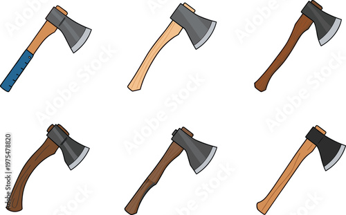 Axe Tool Icon Set with Different Wooden Handles and Steel Blades for Lumberjack Equipment Wood Cutting and Outdoor Survival Design Collection