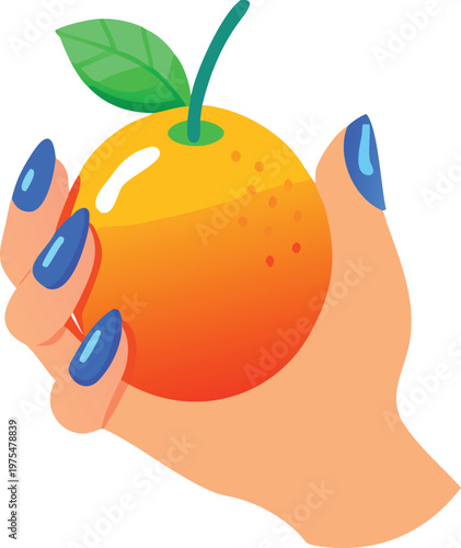 A hand with blue nails is holding a bright orange fruit