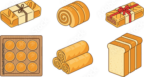Bakery Bread Illustration Set with Loaf Slices Rolls and Pastry Box for Fresh Baked Food Design Breakfast and Organic Baking Collection