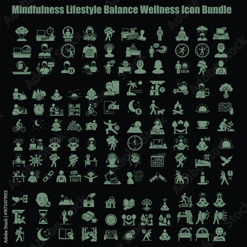 Extensive icon pack representing mindfulness, work life balance, and wellness routines in flat style