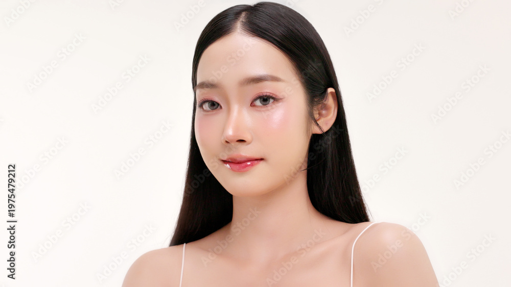 Naklejka premium Close-up portrait of young Asian beautiful woman with K-beauty make up style and healthy and perfect skin. Facial and skin care concept for commercial advertising.