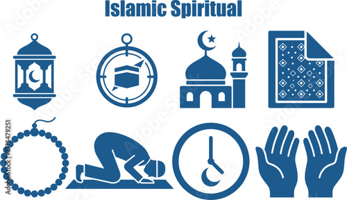 Flat design Islamic spiritual icons depicting religious customs, worship, and cultural traditions