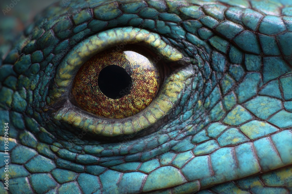 Naklejka premium Extreme Close Up Reptile Lizard Eye with Golden Iris and Turquoise Green Scales